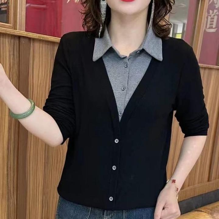 螺纹德绒秋季新款女士卫衣假两件长袖上衣时尚休闲百搭显瘦打底衫