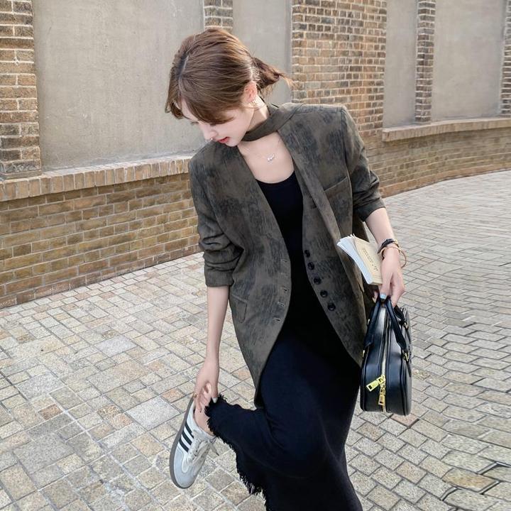 晕染西装外套黑色流苏连衣裙气质轻熟两件套2024入秋高级感穿搭