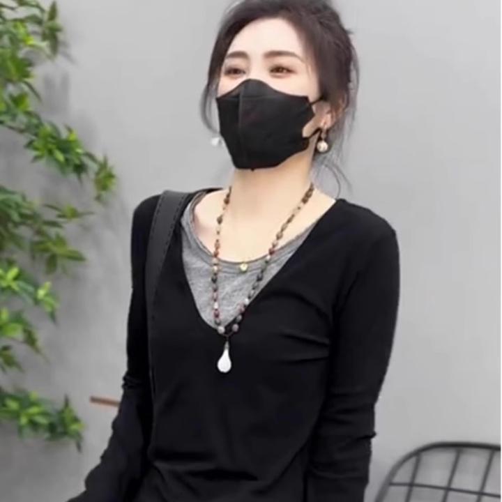 假两件长袖t恤秋款欧货女装修身内搭独特别致打底衫撞色拼接