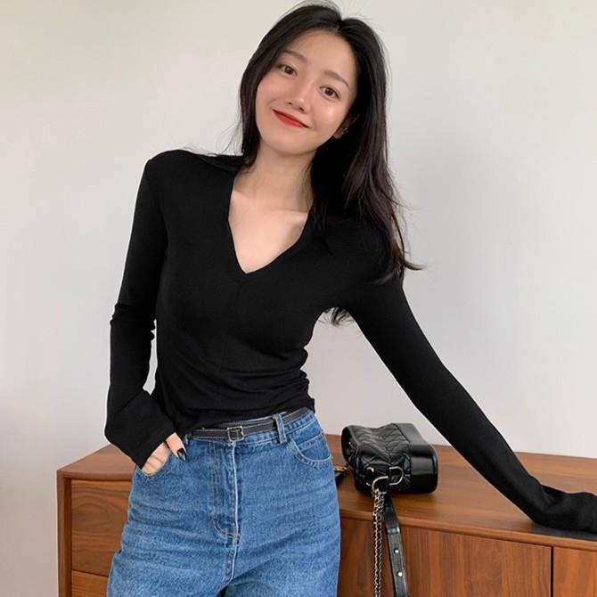 2023秋冬季打底衫女内搭辣妹V领长袖恤黑色小心机紧身上衣女纯色