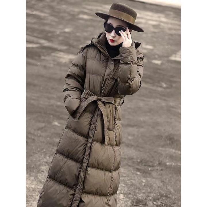 2024冬季腰带新款连帽收腰羽绒服长款保暖过膝加厚鸭绒修身外套