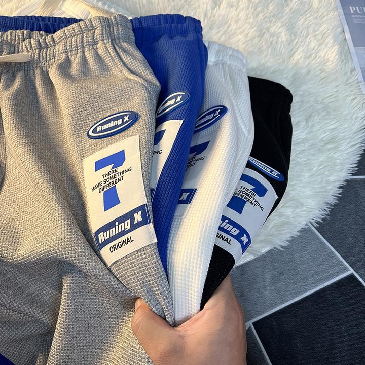 华夫格卫裤男士宽松阔腿运动休闲长裤贴标直筒春秋