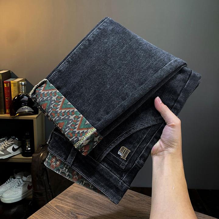 2025秋冬男士牛仔裤弹力修身韩版印花小直筒百搭休闲牛仔长裤男