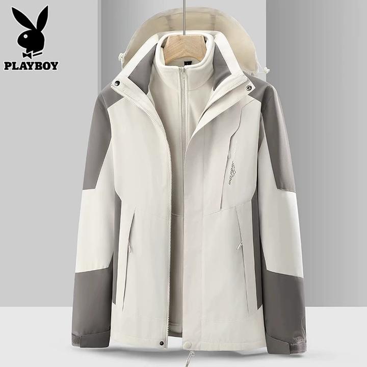 花花公子冲锋衣外套男士秋冬季三合一可拆卸防风男女款连帽夹克男