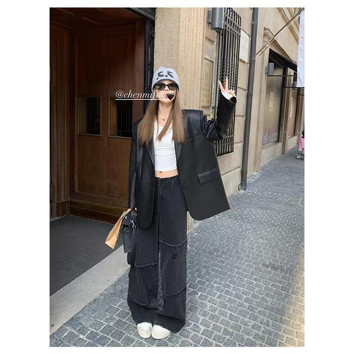2024秋冬新款赫本风黑色百搭显瘦长袖短外套女高腰松弛感休闲长裤