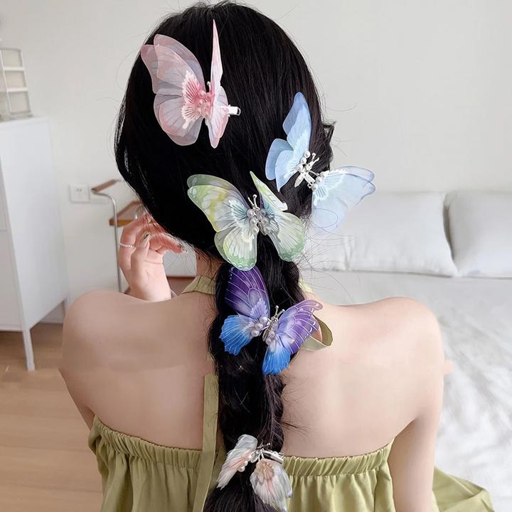 会动的蝴蝶发夹女2024新款甜美彩色侧边刘海夹鸭嘴夹顶夹发卡头饰