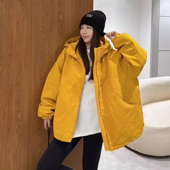 【可可呀】欧洲站加棉加厚服连帽双拉链欧货廓版极简慵懒风厚冲锋衣