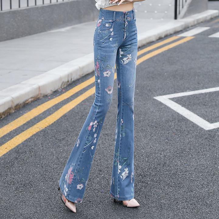 Vibe风洋气印花高腰微喇裤女2024春秋新款百搭修身超仙爆款牛仔裤