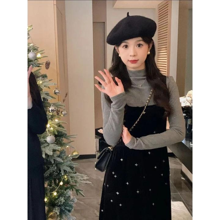 细闪雪花星丝绒背带裙套装设计感百搭精致显瘦打底衫连衣裙两件套