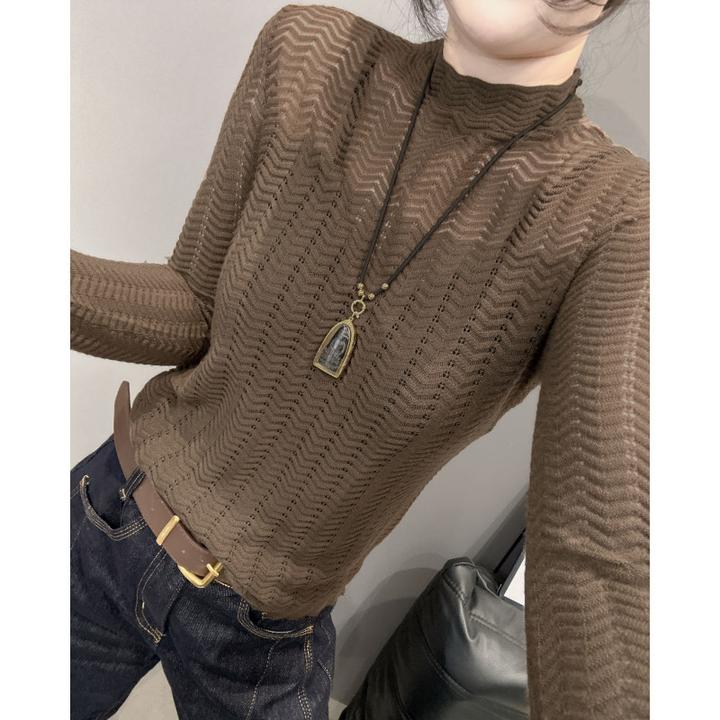 秋冬新款麻花镂空长袖针织衫女修身内搭毛衣半高领打底衫微透上衣