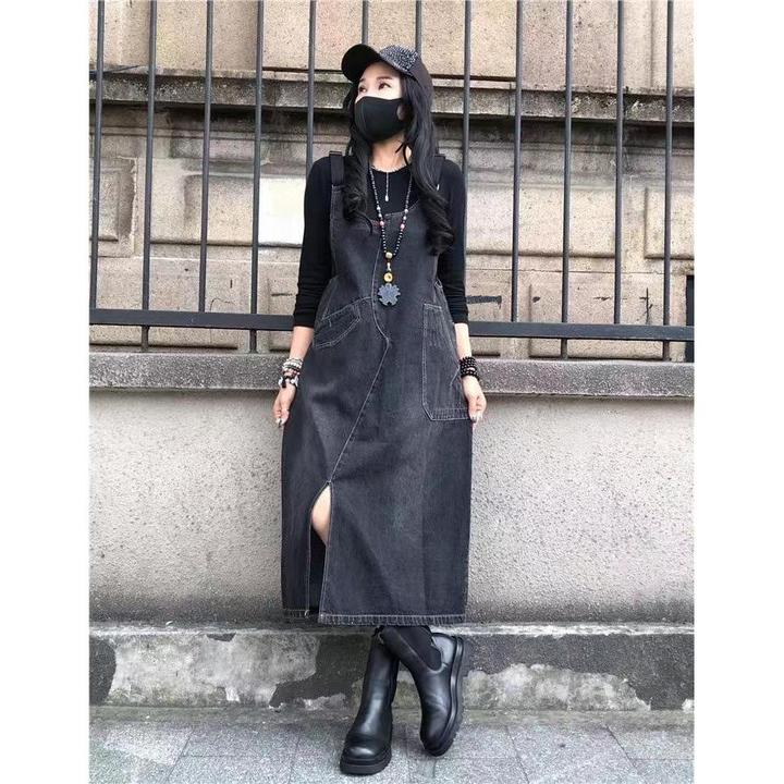 【达人推荐】大码宽松复古直筒连衣裙开叉不规则牛仔裙不露腿长裙