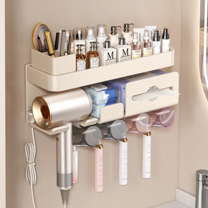 奶白色吹风机牙刷一体漱口杯免打孔置物架卫生间浴室