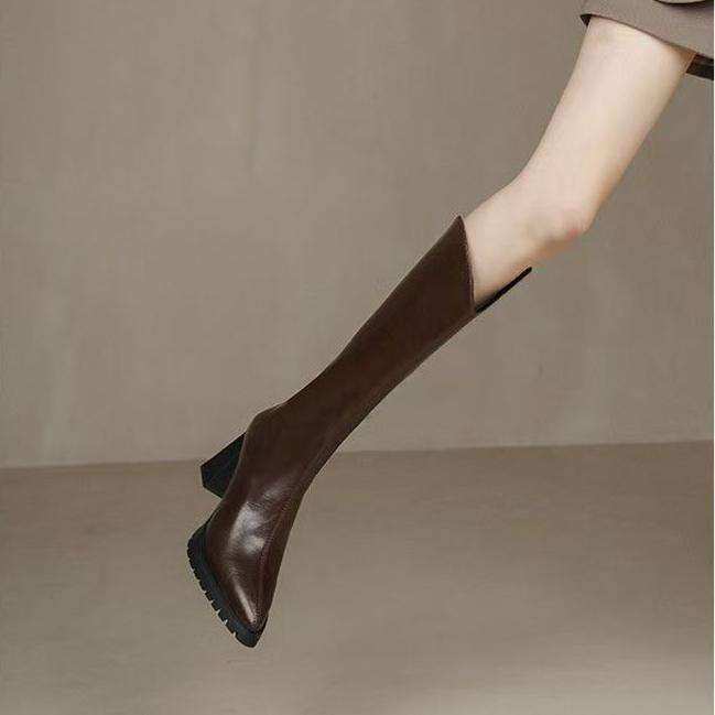 棕色长筒靴女秋冬季高跟鞋尖头西部长靴V口粗跟厚底小个子骑士靴