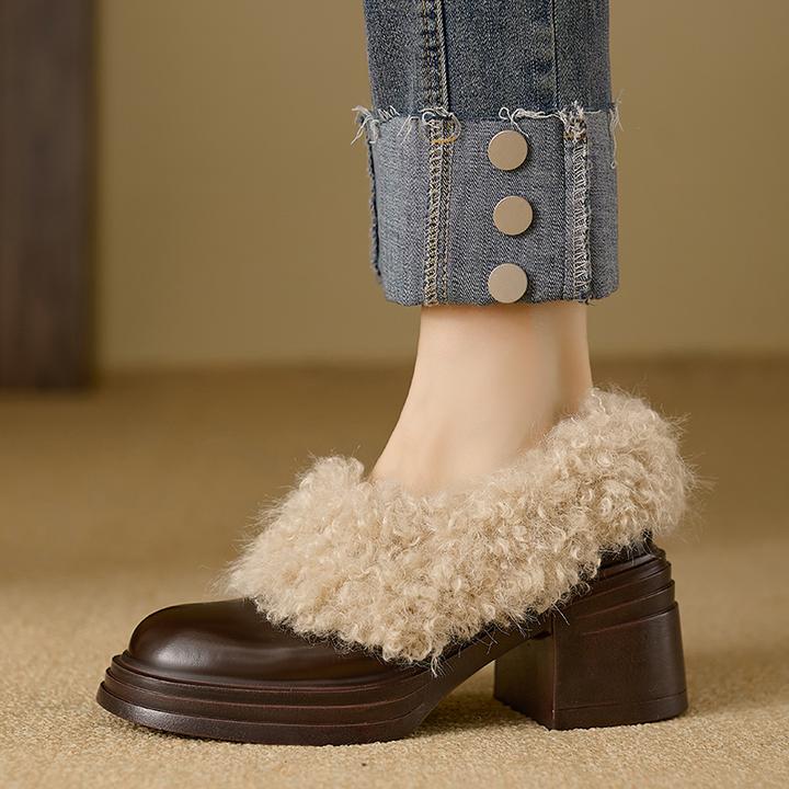 小个子手工女鞋4/7cm~粗跟中跟加绒单鞋女冬季新款圆头毛毛鞋保暖