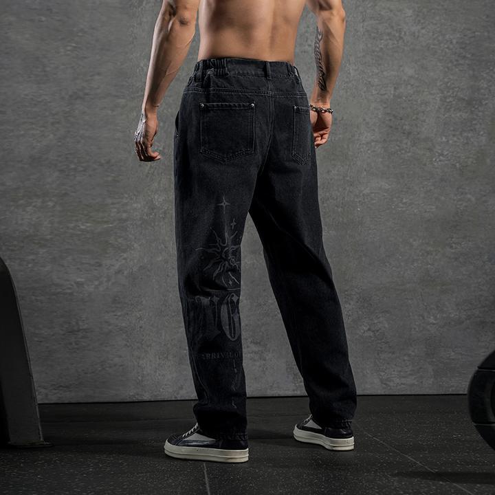 鹿家门美式宽松复古休闲印花直筒大码运动小脚水洗牛仔裤百搭长裤