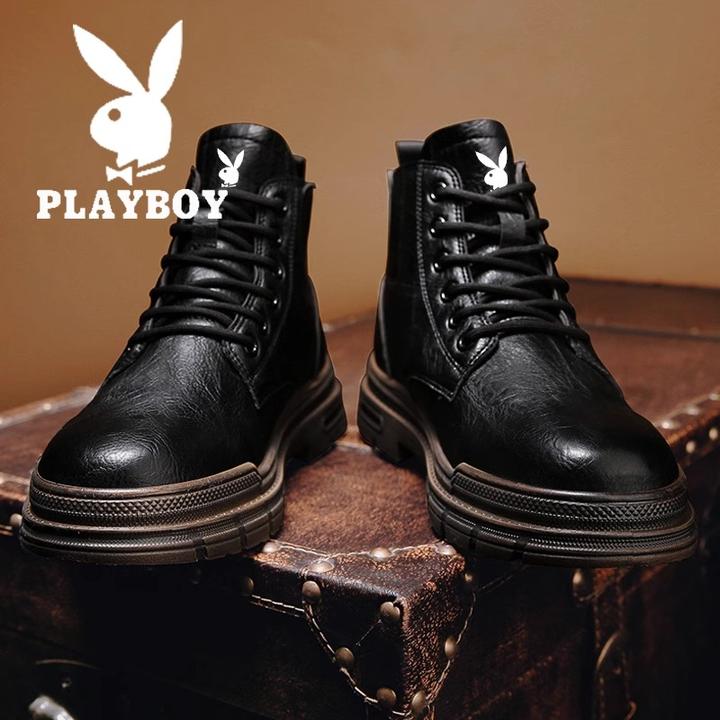 花花公子马丁靴男款秋季皮鞋高帮气质工装靴子男款英伦风中帮皮靴