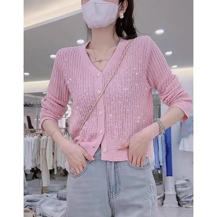 2025秋季新款设计感亮片粉色V领针织衫女显瘦开衫长袖毛衣上衣潮