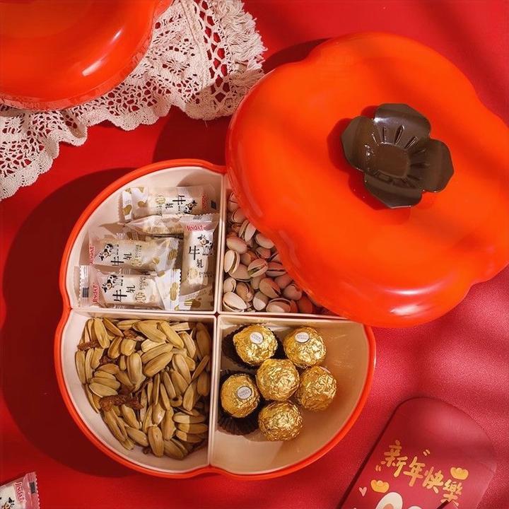 柿子果盘家用结婚高档糖果盘分格干果盒过年桌面欧式坚果盘带盖