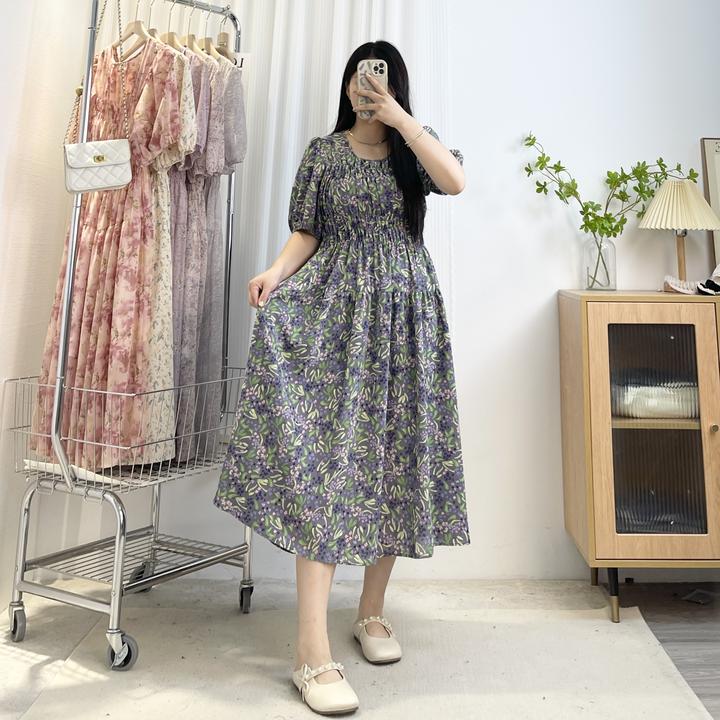 韩系显白【葡萄紫】轻薄透气窄肩泡泡袖大码胖mm高腰显瘦连衣裙