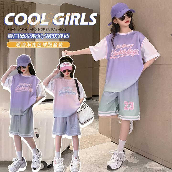 篮球服女生套装假两件大童夏季女童球衣儿童运动速干训练女款定制