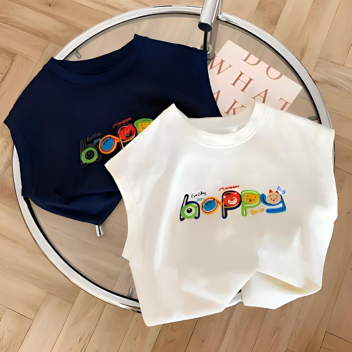 儿童纯棉夏季无袖背心宝宝新款洋气圆领T恤上衣宽松印花韩版童装t