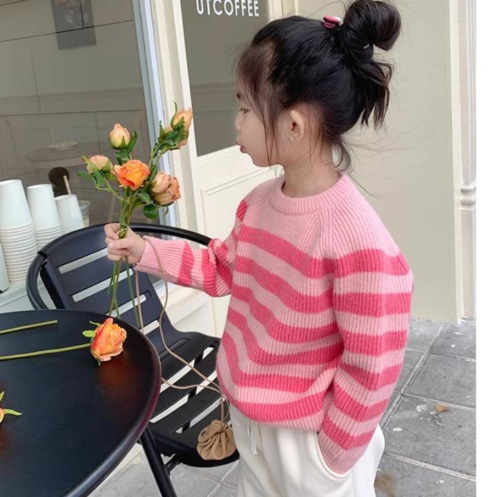 女童套头毛衣秋冬装新款韩版宽松洋气条纹打底衫加厚圆领针织衫潮