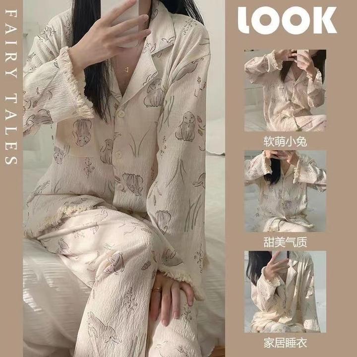 春秋季睡衣女长袖泡泡棉甜美可爱软萌套装ins宅家休闲长裤可外穿