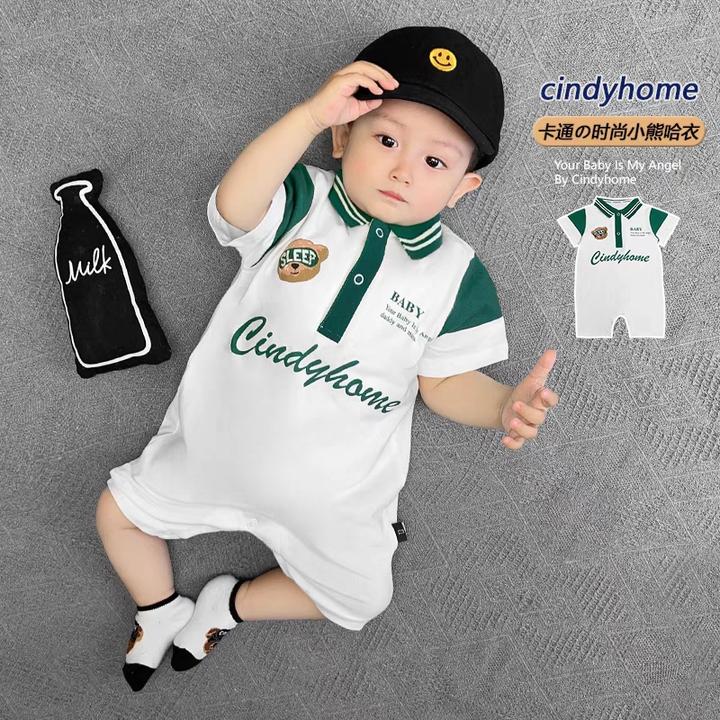 9555婴儿衣服夏季薄款翻领小熊连体哈衣爬服