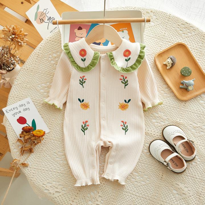 婴幼儿春秋季刺绣连体哈衣女宝宝衣服翻领外出爬服