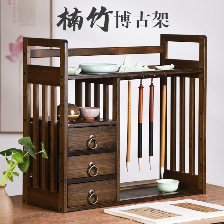 楠竹博古架创意文房四宝收纳架毛笔挂架三层毛笔架置物架多功能案