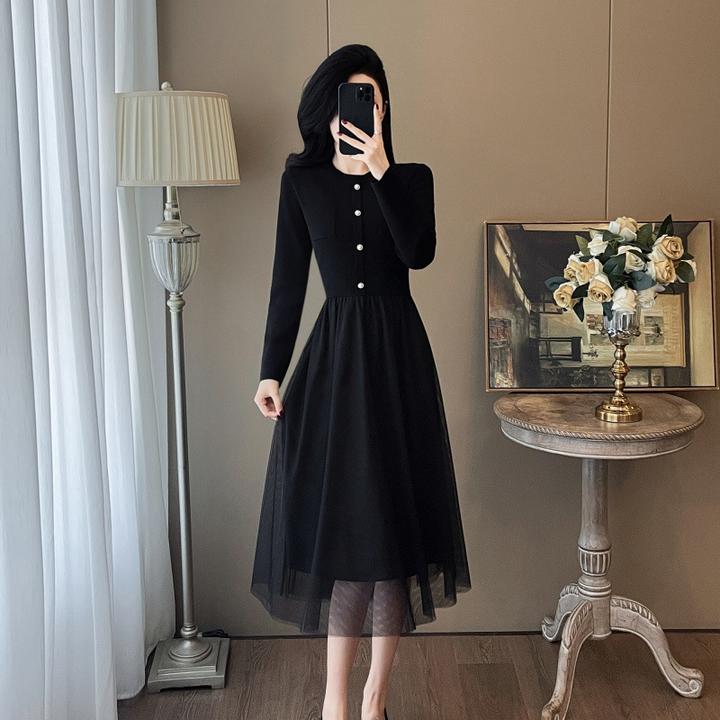 7572法式优雅气质小香风圆领连衣裙女早秋收腰黑色网纱拼接a字裙