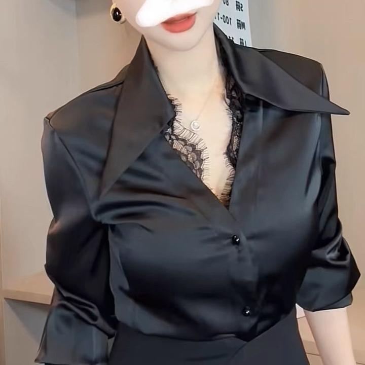 polo蕾丝拼接缎面衬衫女春秋设计感小众法式独特别致上衣气质衬衣