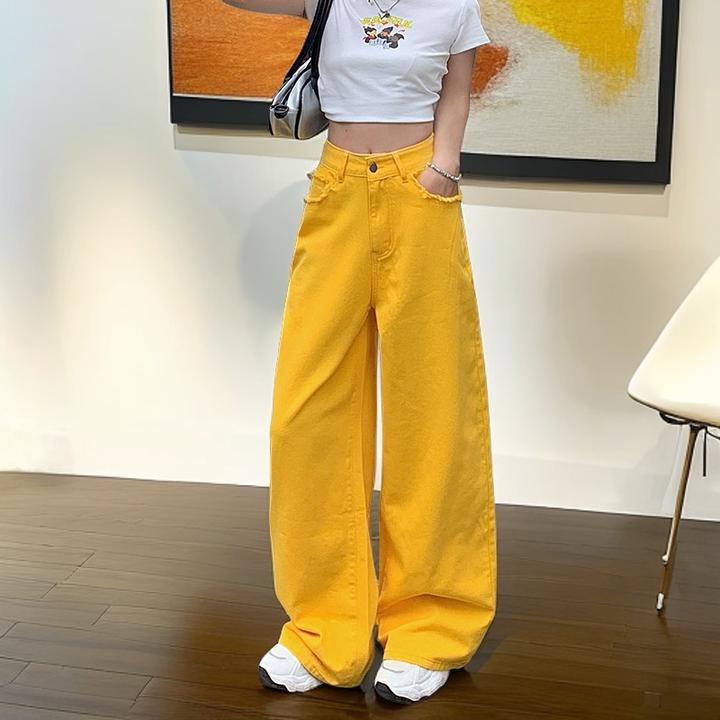 高质量爆款春秋柠檬黄休闲垂感牛仔裤女高腰洋气毛边休闲阔腿裤子