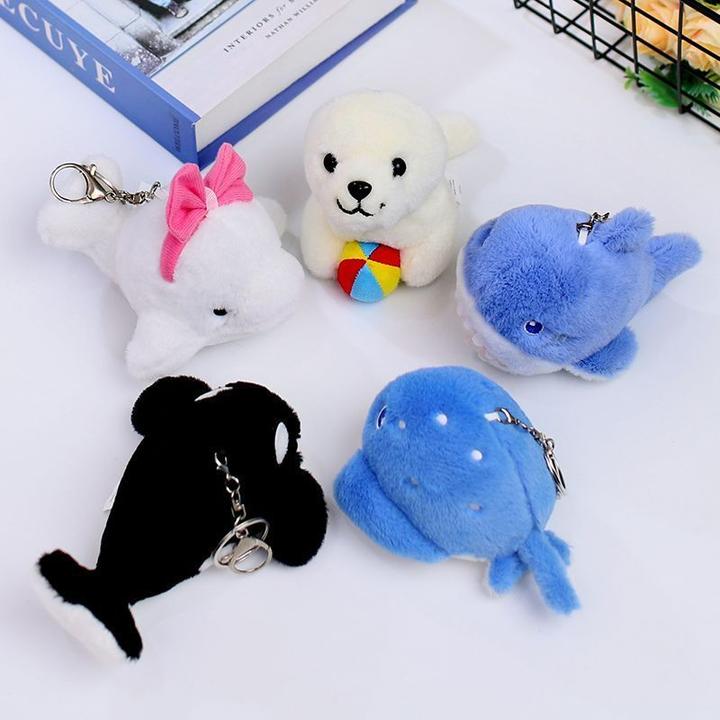 可爱卡通海洋动物海豚鲸鱼呆萌钥匙扣毛绒公仔挂件女生书包小挂饰