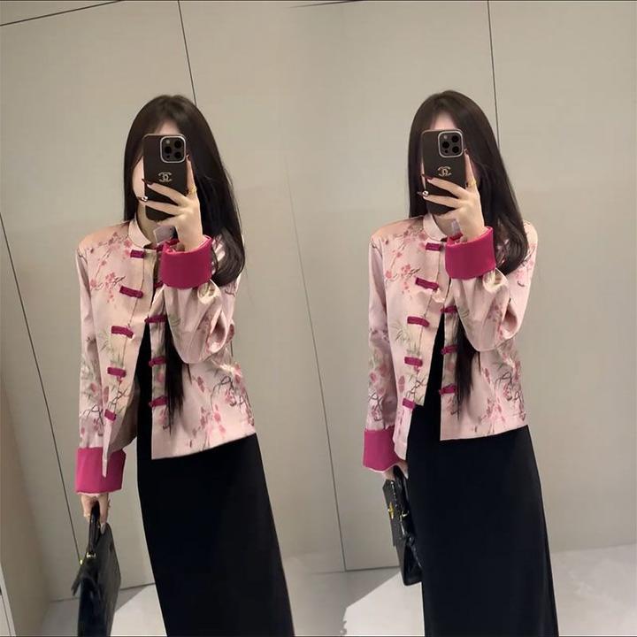 网红新中式盘扣外套开衫女春装新款复古印花上衣中长款小黑裙套装