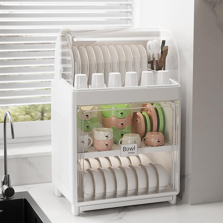 三层厨房碗架碗筷收纳盒家用带盖放餐具装碟盘沥水置物架塑料碗柜