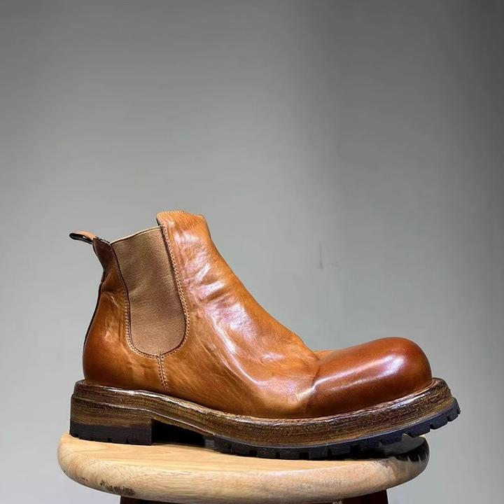 复古马皮重水洗做旧切尔西靴男士真皮底圆头厚底短筒靴时尚手工