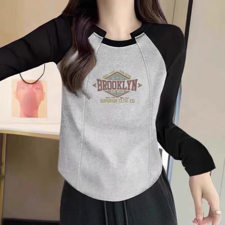 新款2024春季薄款长袖修身显瘦圆领拼接小众设计感百搭时尚上衣潮