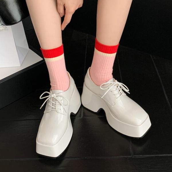 8CM增高~2025春秋新款真皮女单鞋松糕厚底乐福小皮鞋系带休闲女鞋