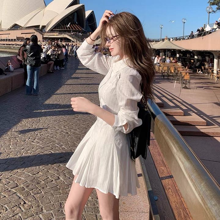 【古早小白花】2024秋季甜美气质收腰百褶衬衫连衣裙女学院风短裙
