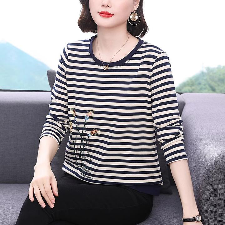 纯棉长袖T恤女妈妈春秋装2025新款秋衣中老年条纹上衣洋气打底衫