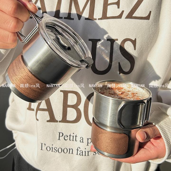 304不锈钢水杯茶杯带盖子户外露营杯餐厅啤酒杯冷饮杯防烫咖啡杯