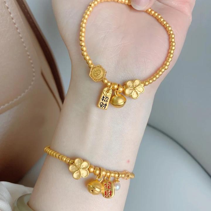 铜合金手链 新款轻奢复古桃花铃铛手链女招财纳福小众饰品高级感