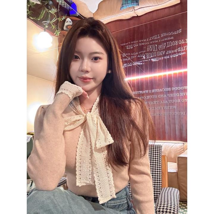 蝴蝶之意韩系高级感蕾丝花边粉色针织衫女秋冬气质显瘦长袖上EQ20