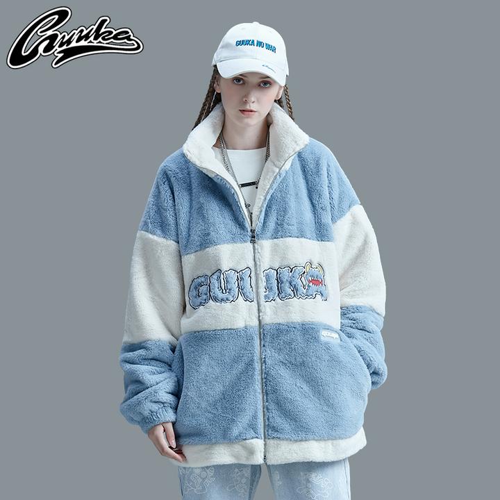 Guuka/古由卡秋冬季情侣宽松潮流加绒加厚小怪兽撞色夹克外套上衣