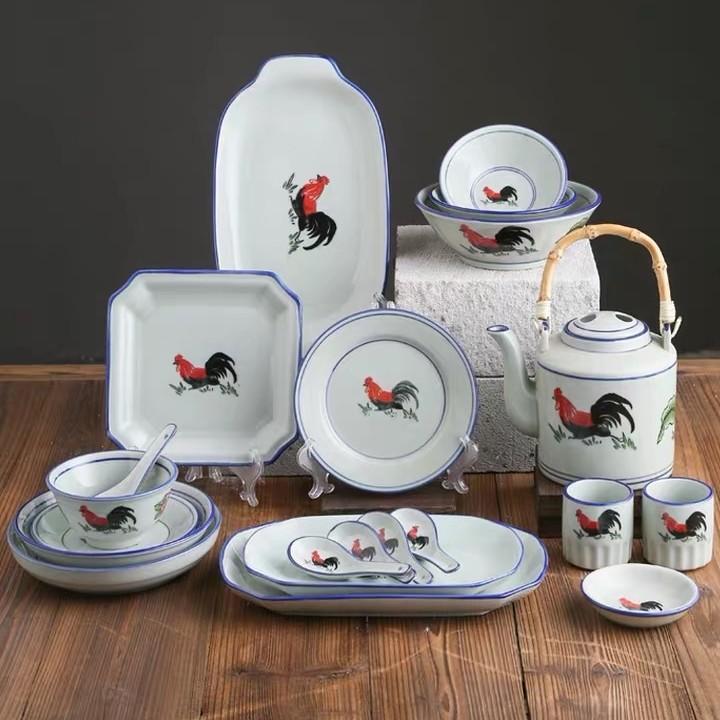 中式复古青花瓷陶瓷饭碗盘家用公鸡饭碗果盘碗勺餐具套装