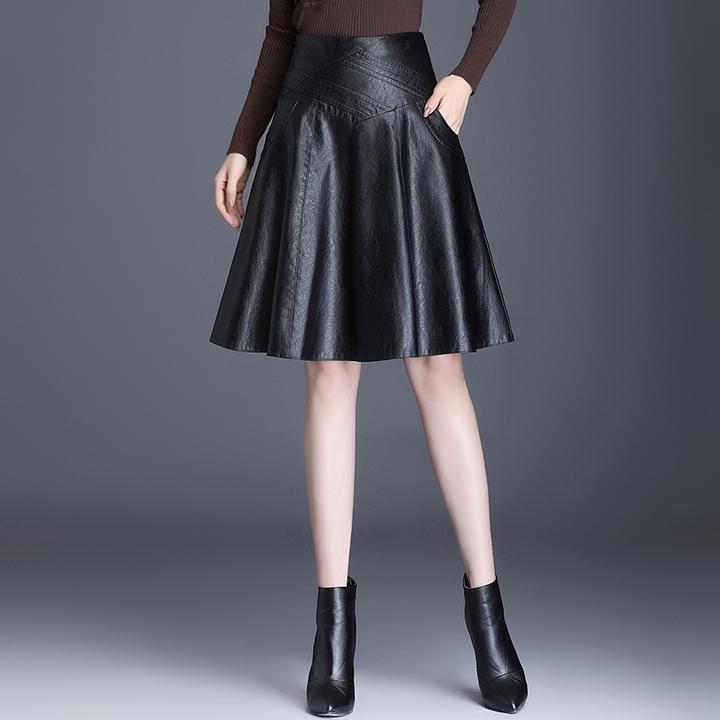 PU皮裙半身裙女春秋季新款高腰百褶裙中长款a字裙成人皮短裙伞裙