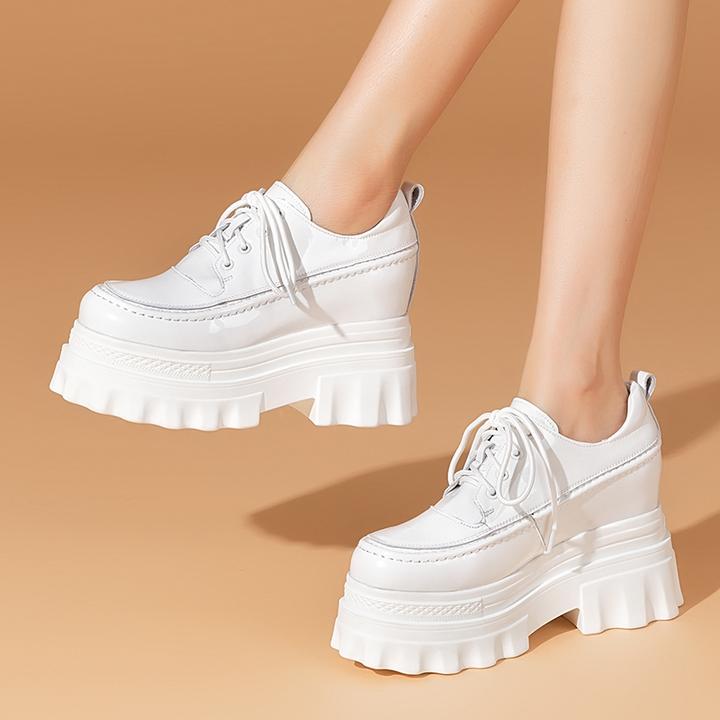 往往笑系带松糕鞋女士鞋子春厚底内增高10cm漆皮面英伦风女小白鞋