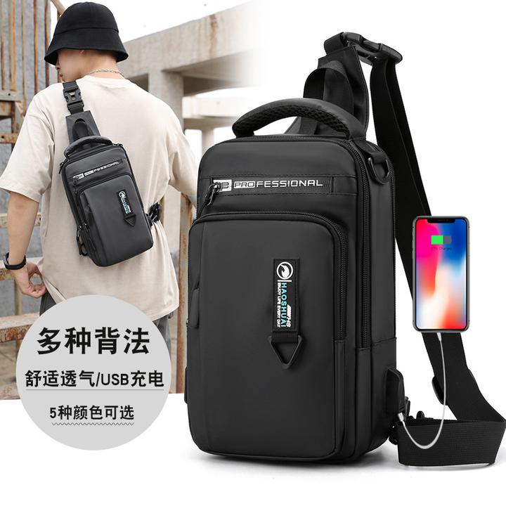 新款韩版胸包休闲单肩斜挎包USB充电胸包时尚百搭防盗背包1100-17