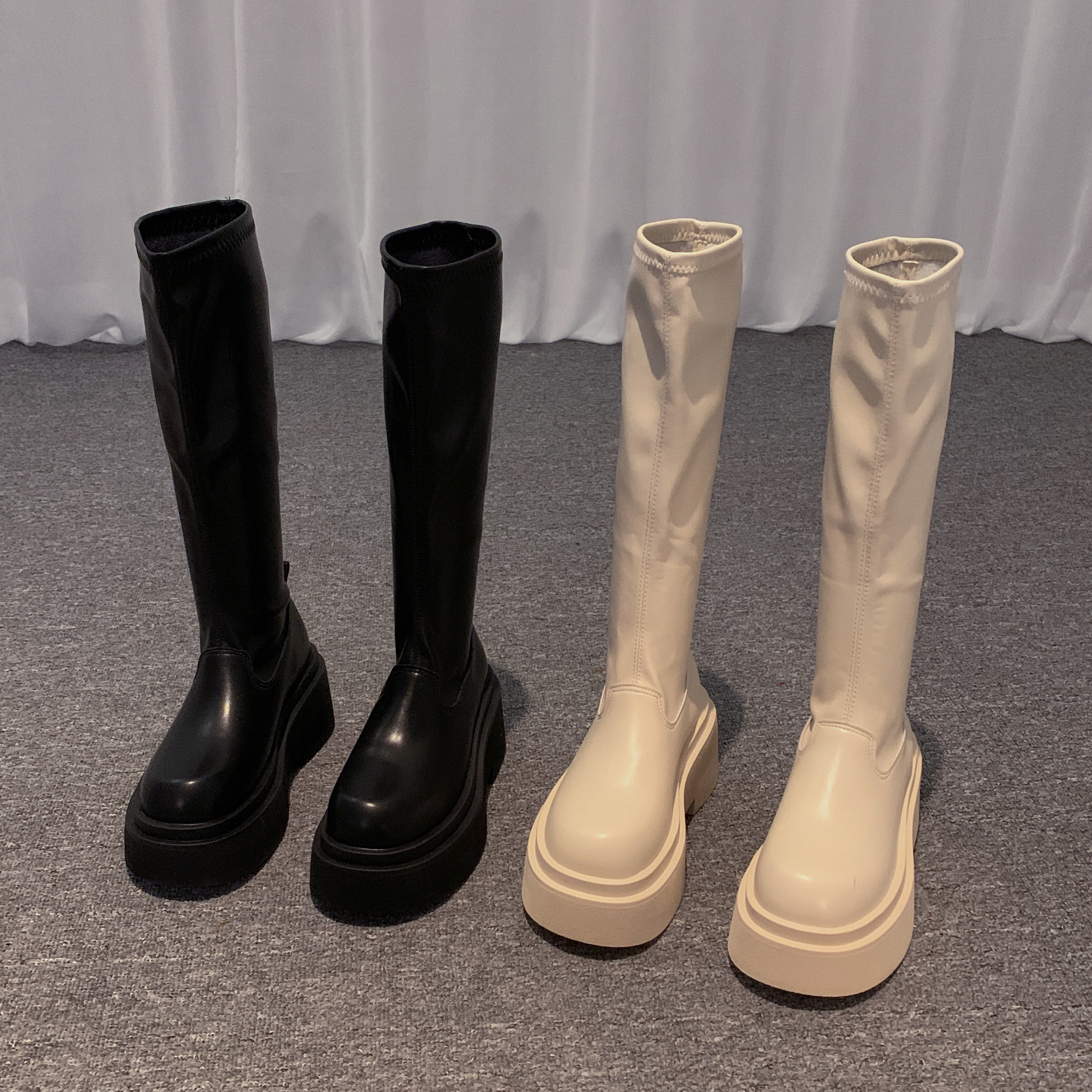 贾不假长筒靴女2025秋冬新款小个子厚底高跟棕色法式流行瘦瘦靴子